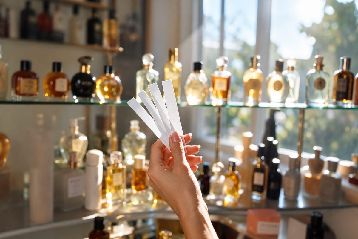 A hand fanning out four perfume blotter strips in front of a shelf of fragrance bottles