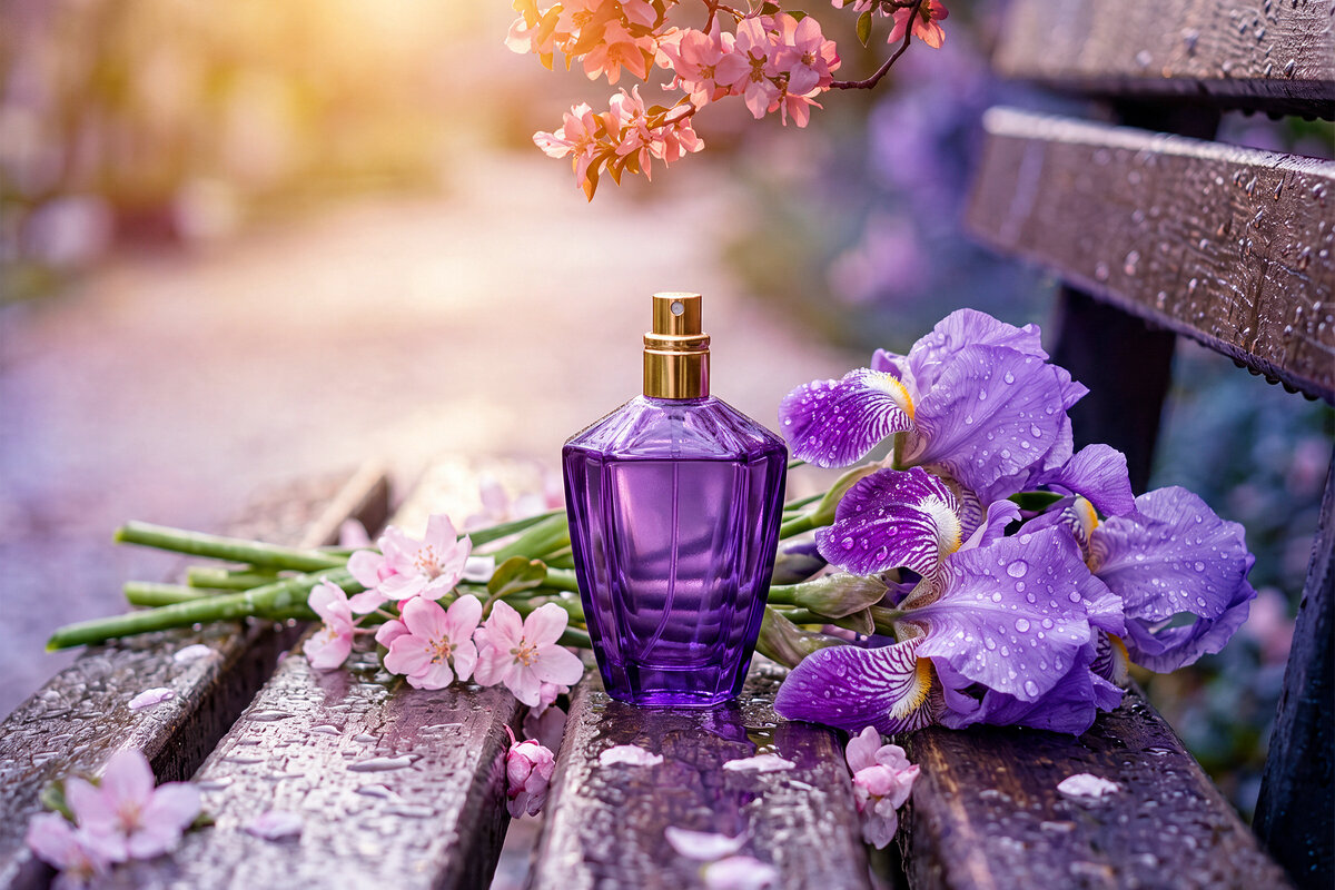 A purple perfume bottle resting on a park bench next to fresh iris and cherry blossom flowers