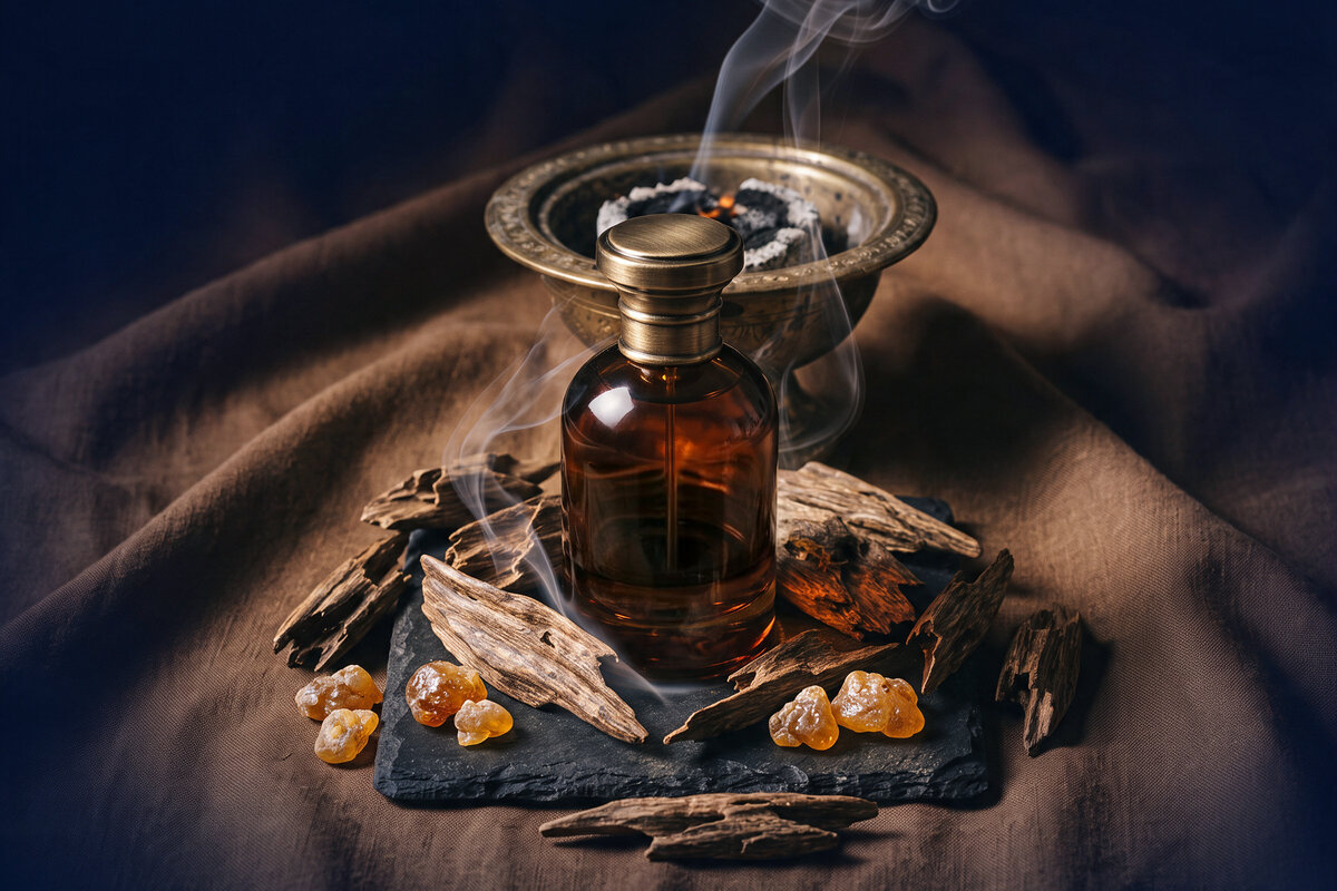 A bottle of oud perfume oil surrounded by raw agarwood chips and frankincense resin, with an incense burner smoking in the background